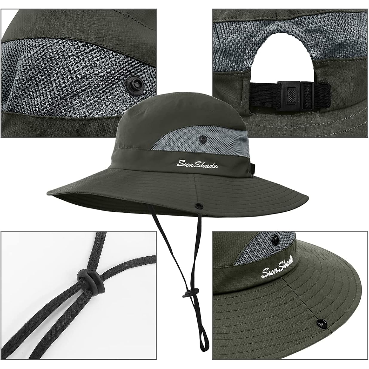 3 Pieces Womens Ponytail Wide Brim Sun Hat Packable UV Protection Beach Cap for Fishing & Hiking Gray＆army Green＆beige