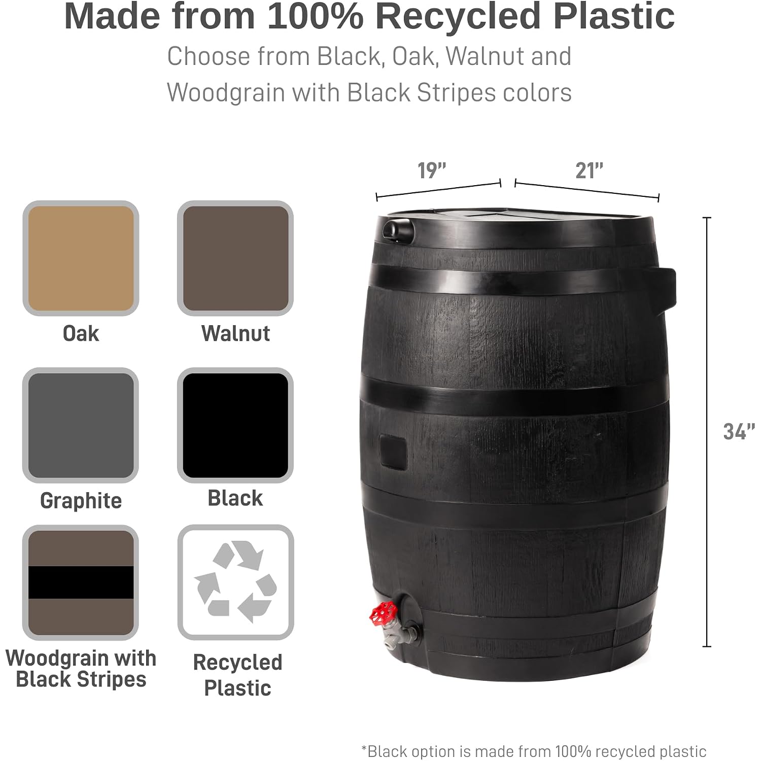 Rts Home Accents 50-Gallon Eco Rain Barrel Made With 100% Recycled Plastic, Flat Back Rain Water Collection Barrel, Black