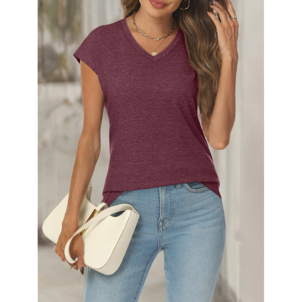 Womens V Neck T Shirts Spring Summer Cap Sleeve Basic Tees Trendy Cute Tops for Work Dressy Casual Beach Vacation