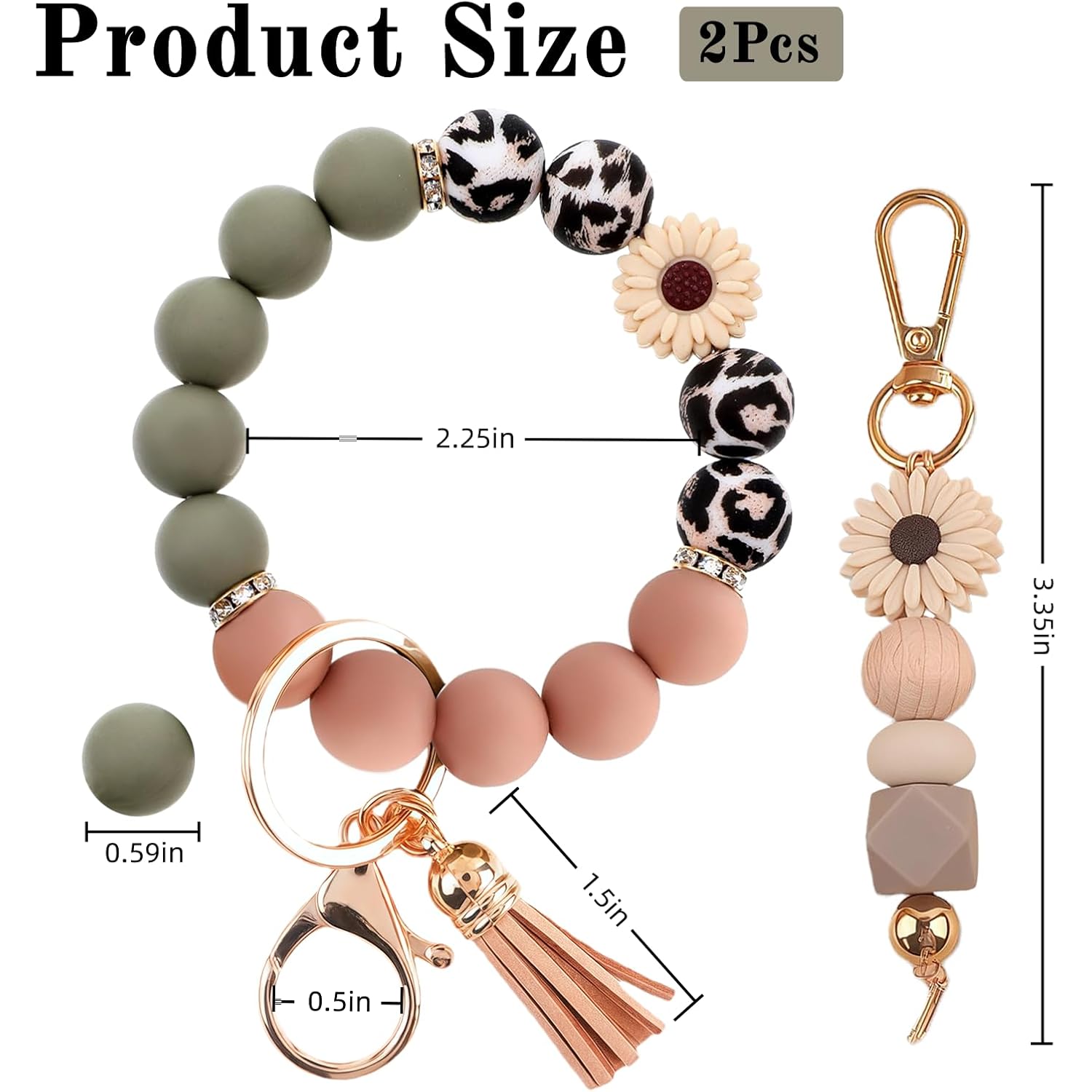 2PCS Bracelet Key Ring Set, Cute Car Key chain Wristlet, Silicone Beaded Bangle keyChains for Women Girls