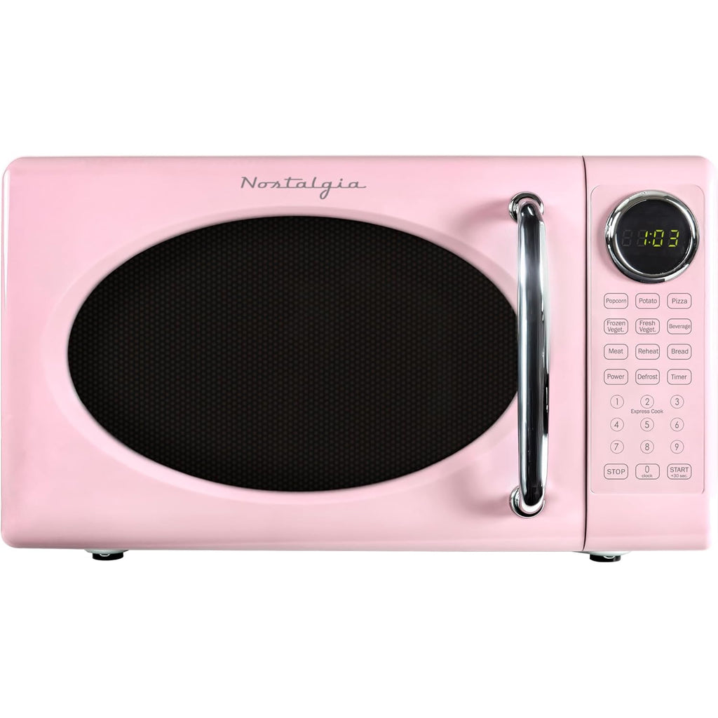 Nostalgia Retro Microwave Oven - 0.7 Cu Ft, 700-Watt Countertop Size With Glass Turntable, Child Safety Lock, 8 Auto-Cook Programs, Digital Clock - Pink