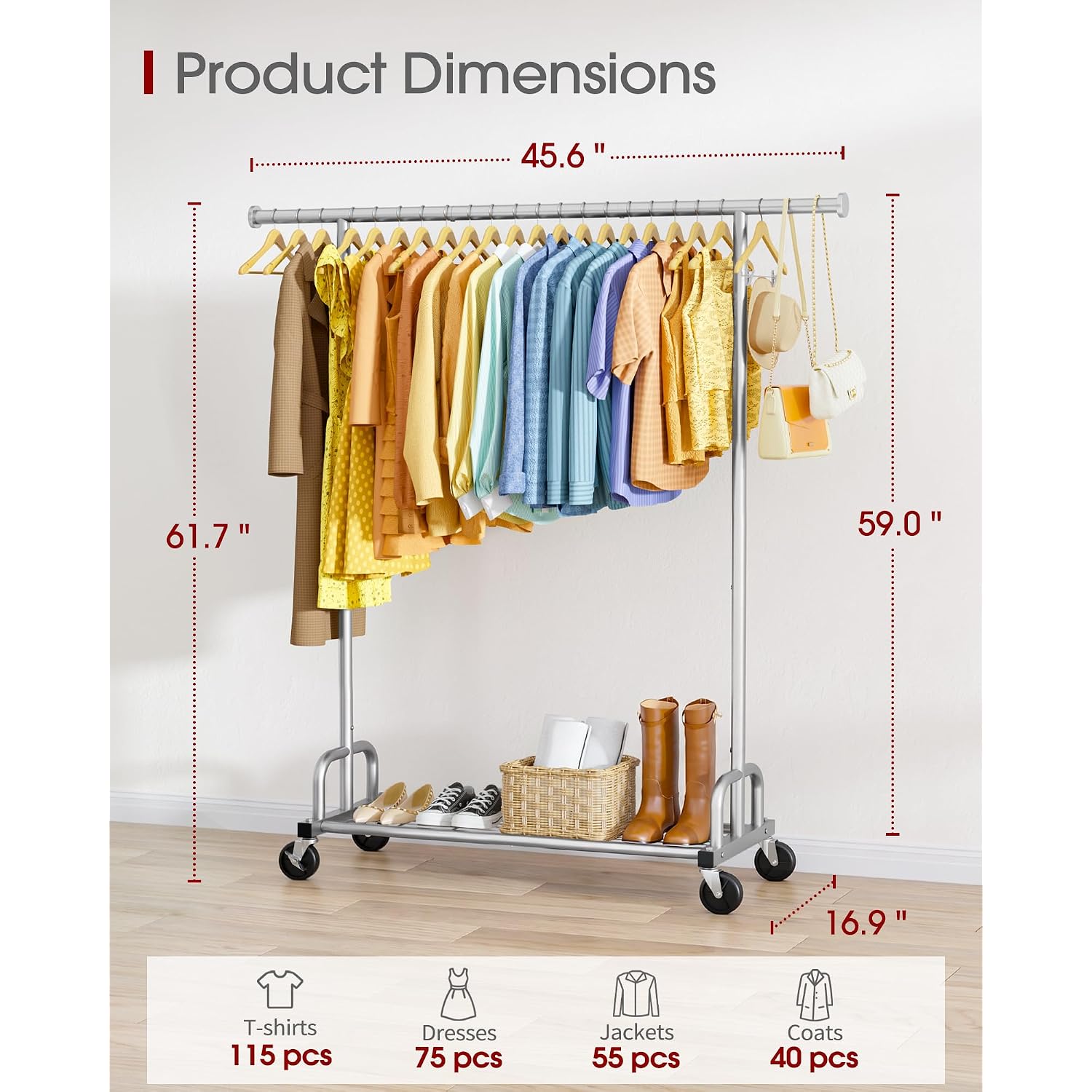 Clothes Rack - Large-Capacity Clothing Racks For Hanging Clothes With Lockable Wheels, Space-Saving Metal Coat Rack For Bedroom, Laundry Room, Entryway, 45.6" X 16.9" X 59", Silver