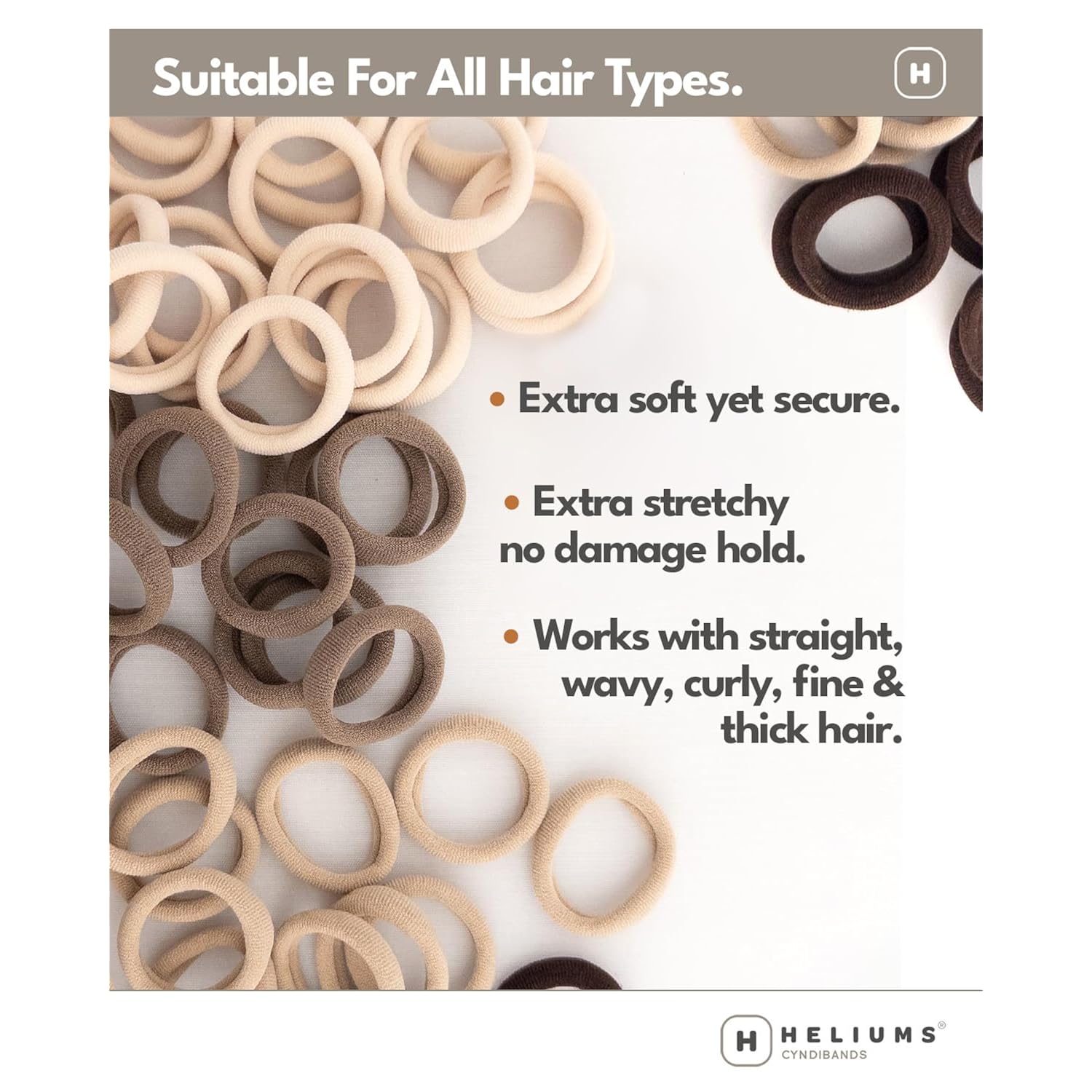 Heliums Soft Hair Ties - No Damage Seamless Nylon Fabric Bands, Stretchy Ponytail Holders For Thin & Thick Hair - Standard 1.5 Inch, Neutrals, 20 Pack