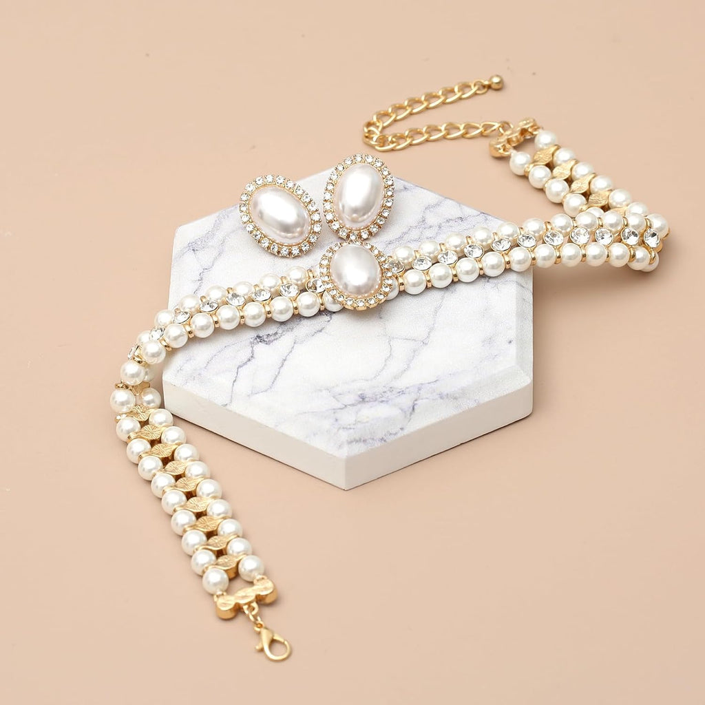 S SUSANN Costume Layered Twisted Gold Pearl Necklace Choker Chunky Glass Statement Pearl Necklace and Earring set, good gift for women Faux pearl necklace set
