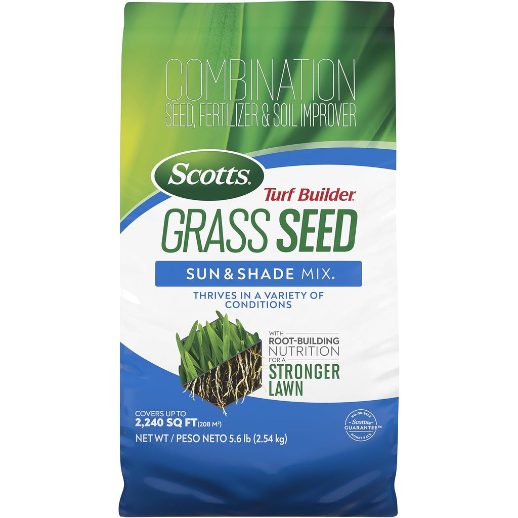 Scotts Turf Builder Grass Seed Sun & Shade Mix, 5.6 Lbs. | Grass Seed Plus Lawn Fertilizer And Soil Improver, Thrives In Many Conditions, Covers Up To 2,240 Sq. Ft.