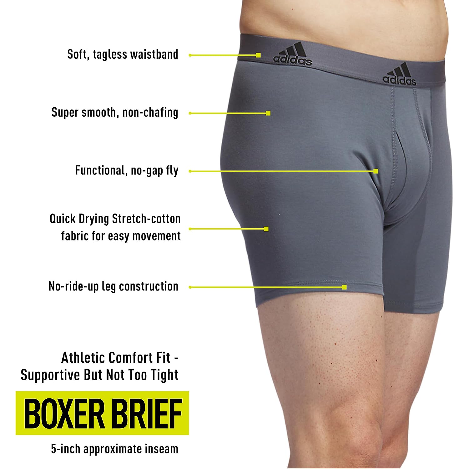 Adidas Men'S Performance Stretch Cotton Boxer Briefs, Men'S Underwear Boxer Brief, Soft Stretch, Superior Comfort, 3-Pack