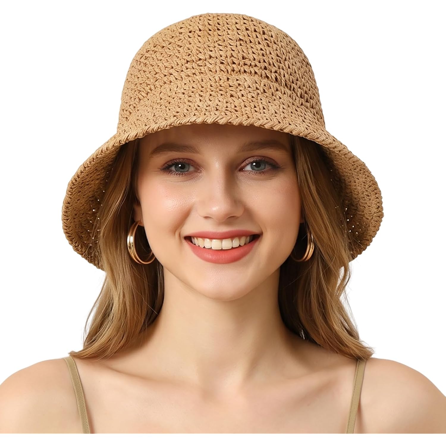Straw Beach Sun Hats for Women Foldable Sun Hat Packable Floppy Bucket Beach Hat Summer Travel Outdoor Cap Khaki