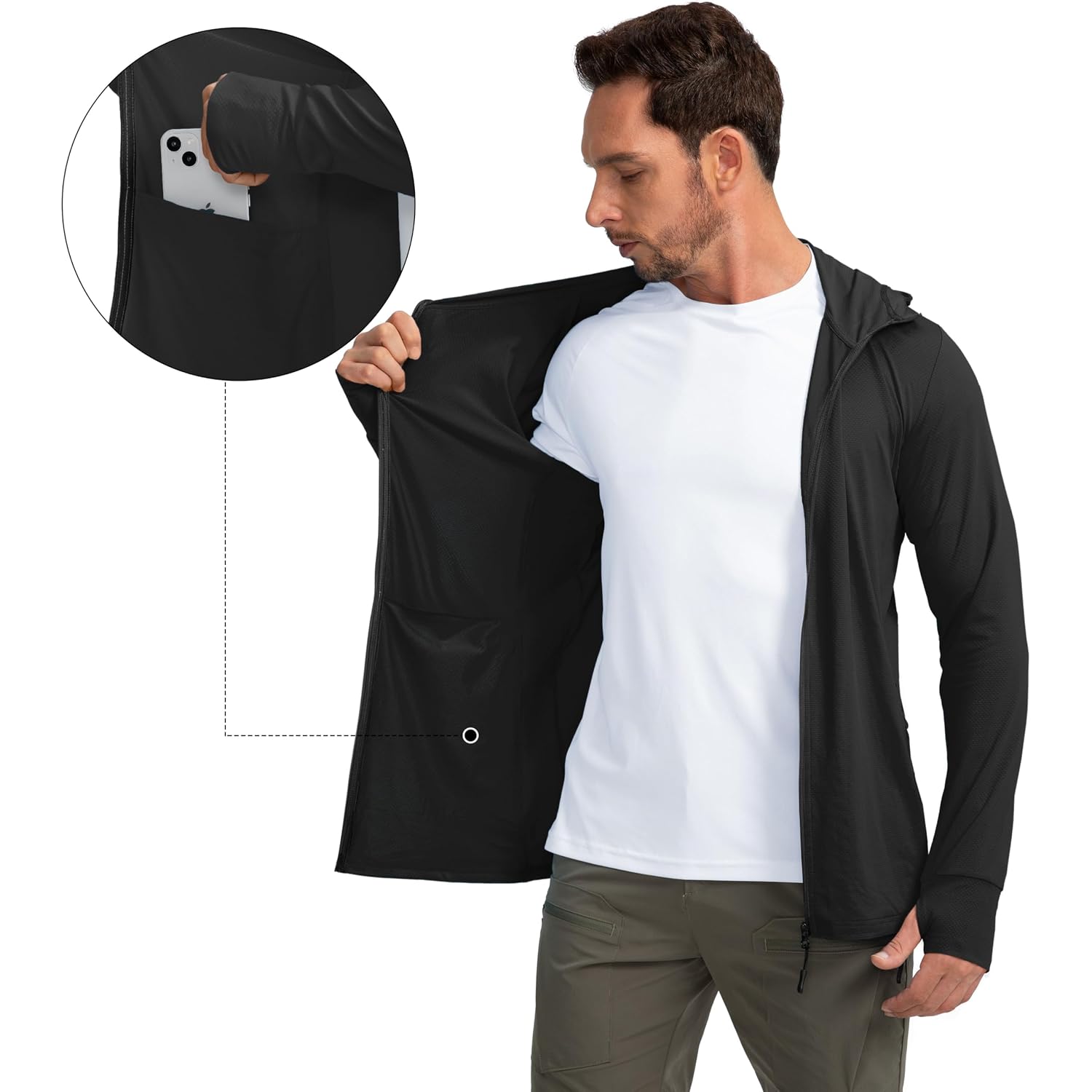 Men'S Upf 50+ Light Jacket Full Zip Sun Protection Hoodie Long Sleeve Sun Shirts For Men Hiking Fishing Zip Pockets
