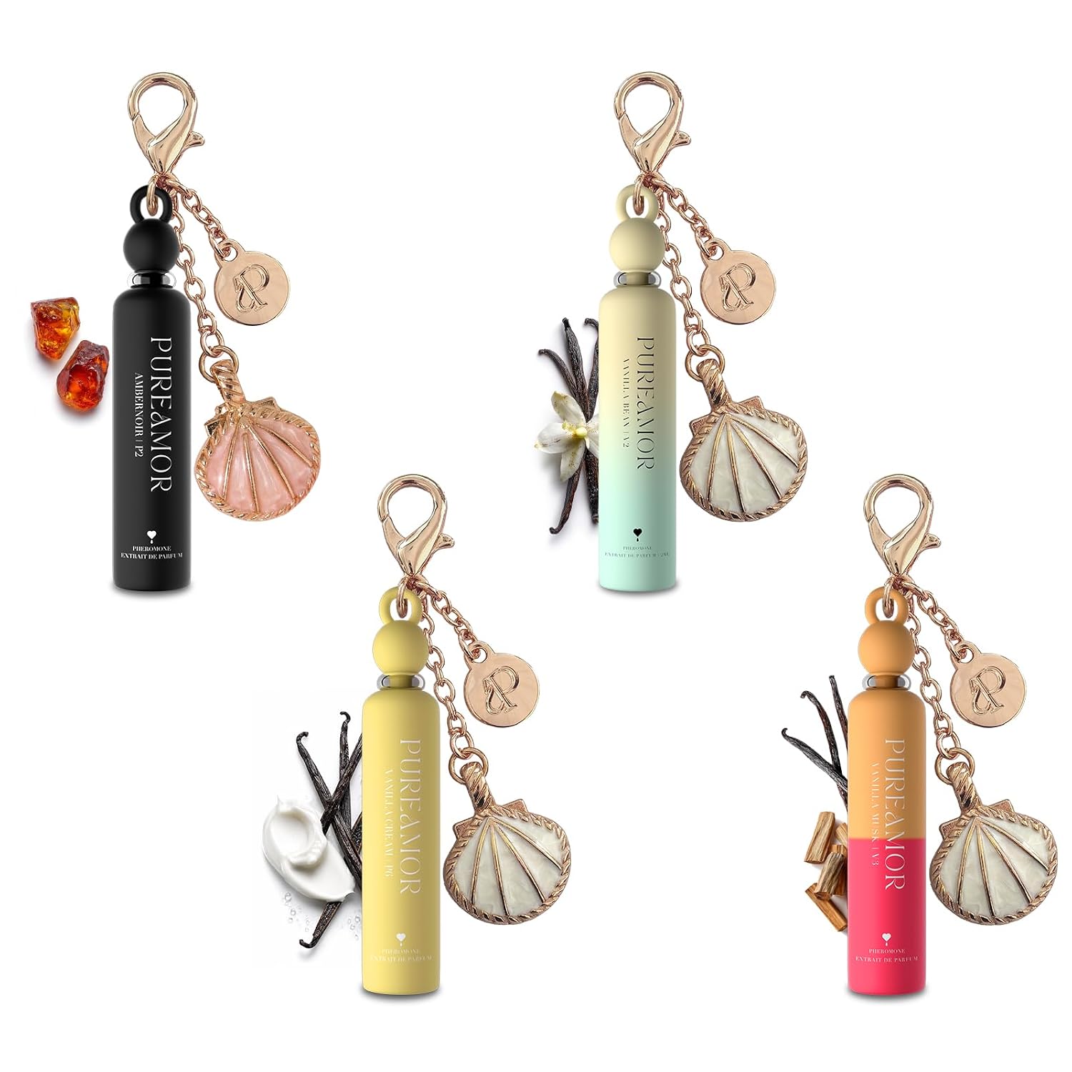 Pheromone Perfume For Women, Vanilla Lover 4-Pack Keychain Set – Amber Noir, Bean, Cream & Musk, Mini 30% High Conc, Ultra-Portable, 0.07 Oz / 2 Ml Each