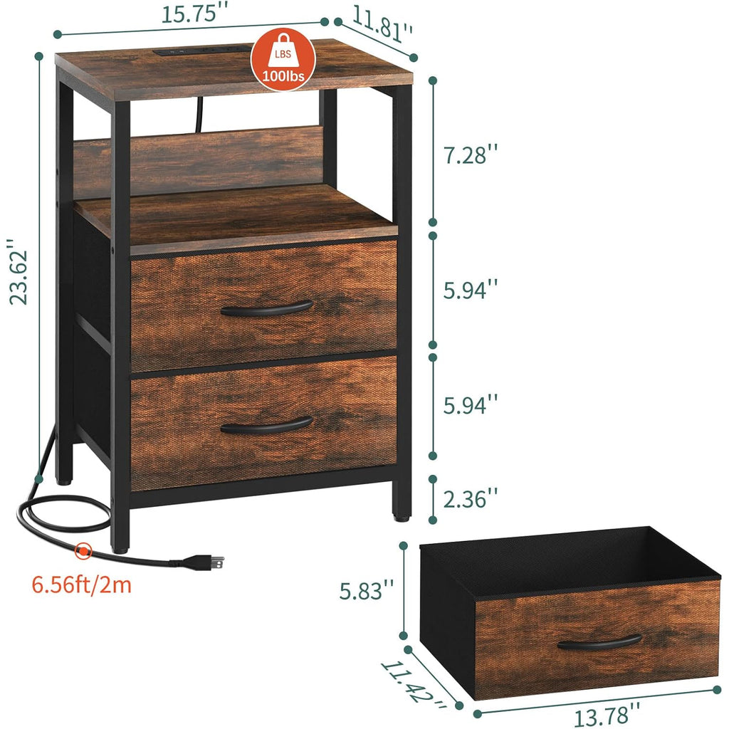 Yoobure Nightstand With Charging Station, Small Night Stand With Fabric Drawers And Storage Shelf For Bedrooms, Small Spaces, Bedside Table With Usb Ports & Outlets