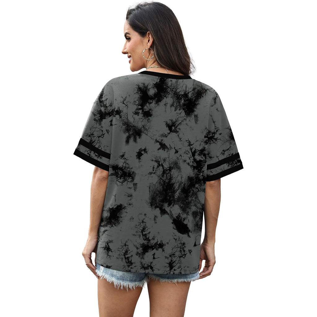 WIHOLL Womens T Shirts Loose Fit Short Sleeve Tees V Neck Color Block Summer Tops 2026 Fashion S-4XL 04 - Grey Tie Dye