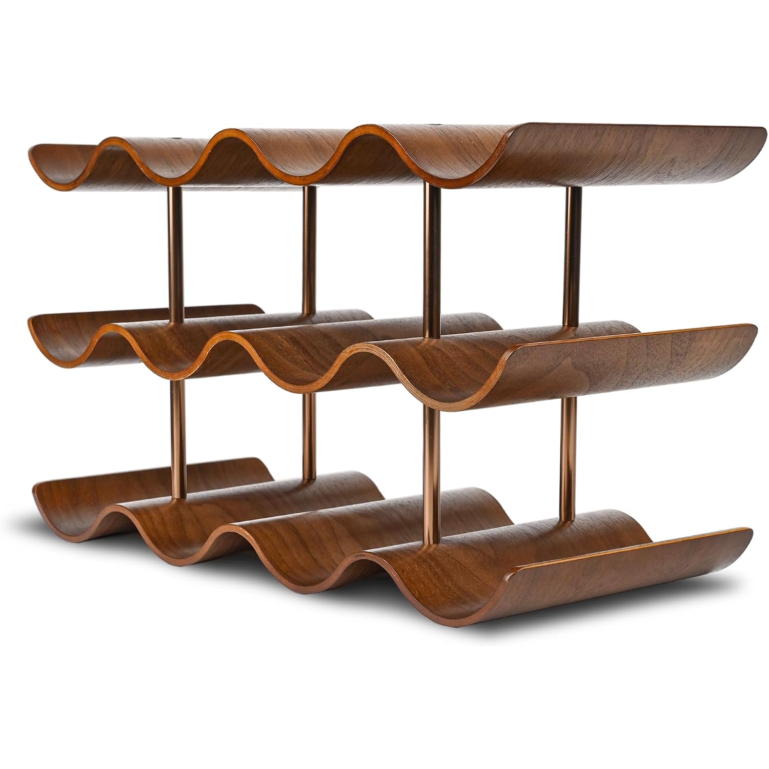 Countertop Wine Rack - 12 Bottle Freestanding Wine Bottle Holder Stand - 3 Tier Wooden Wine Storage Rack - Walnut Wavy Wine Organizer For Cabinet Pantry Home Kitchen Bar