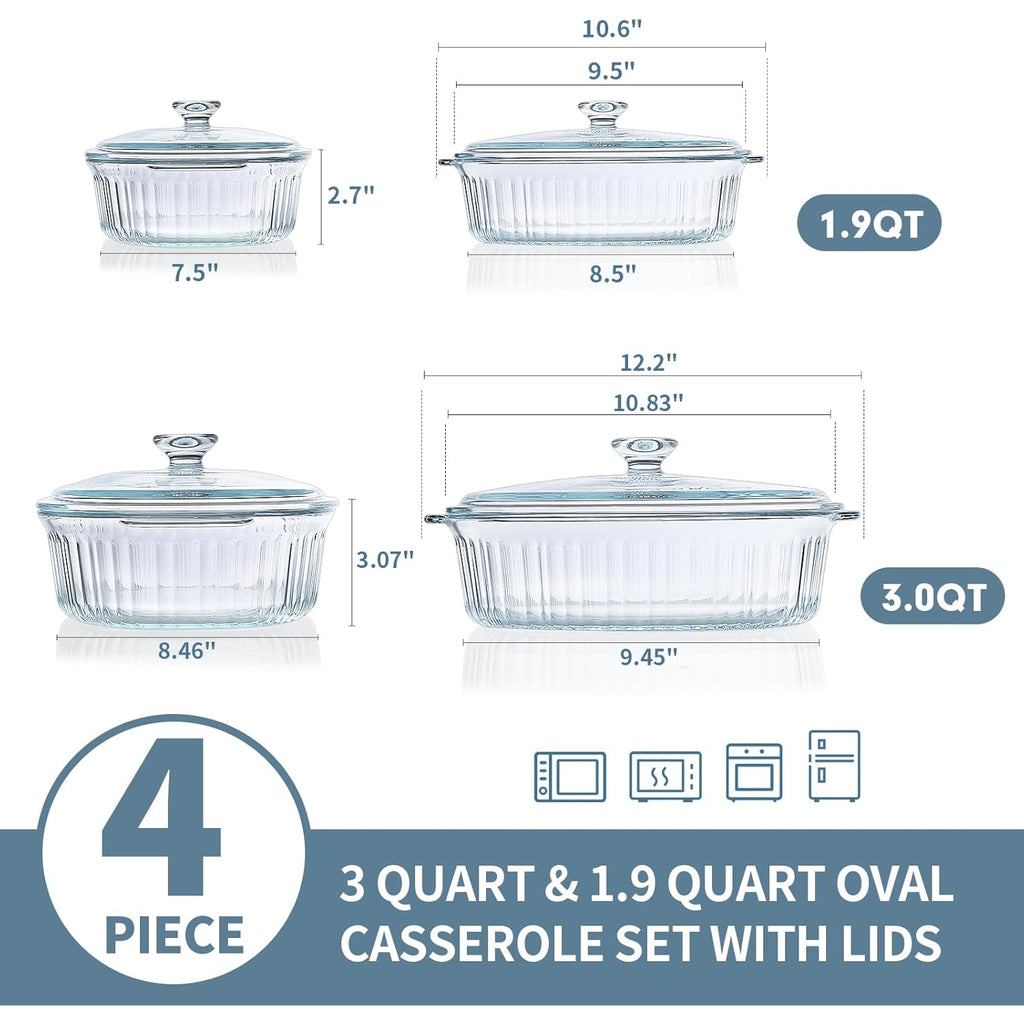 M MCIRCO 4-Piece Glass Casserole Baking Dish, Set of 2 Casseroles With Glass Lids, 1.9 Qt and 3 Qt