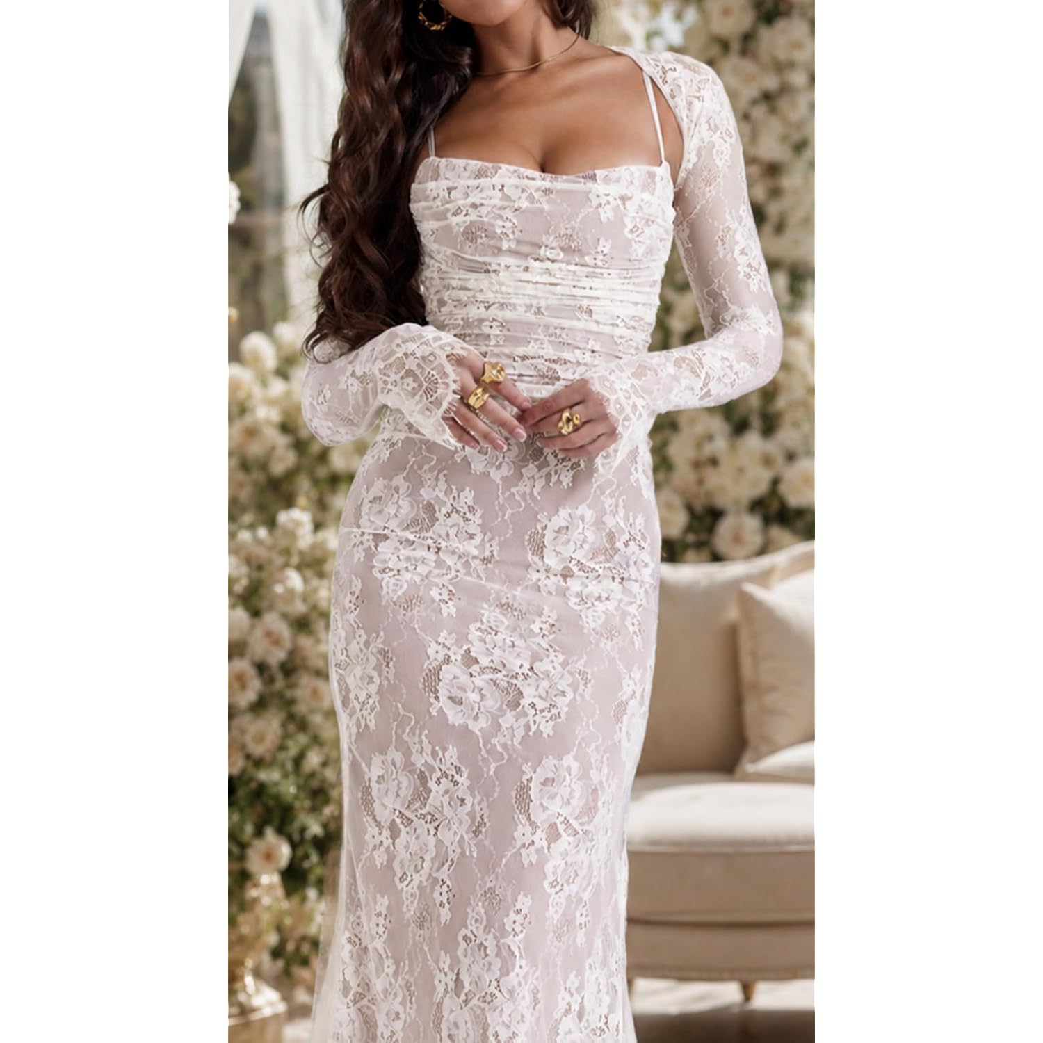 Women Vintage Cream Lace Maxi Dress Romantic Long Sleevees Lace Bodycon Dress