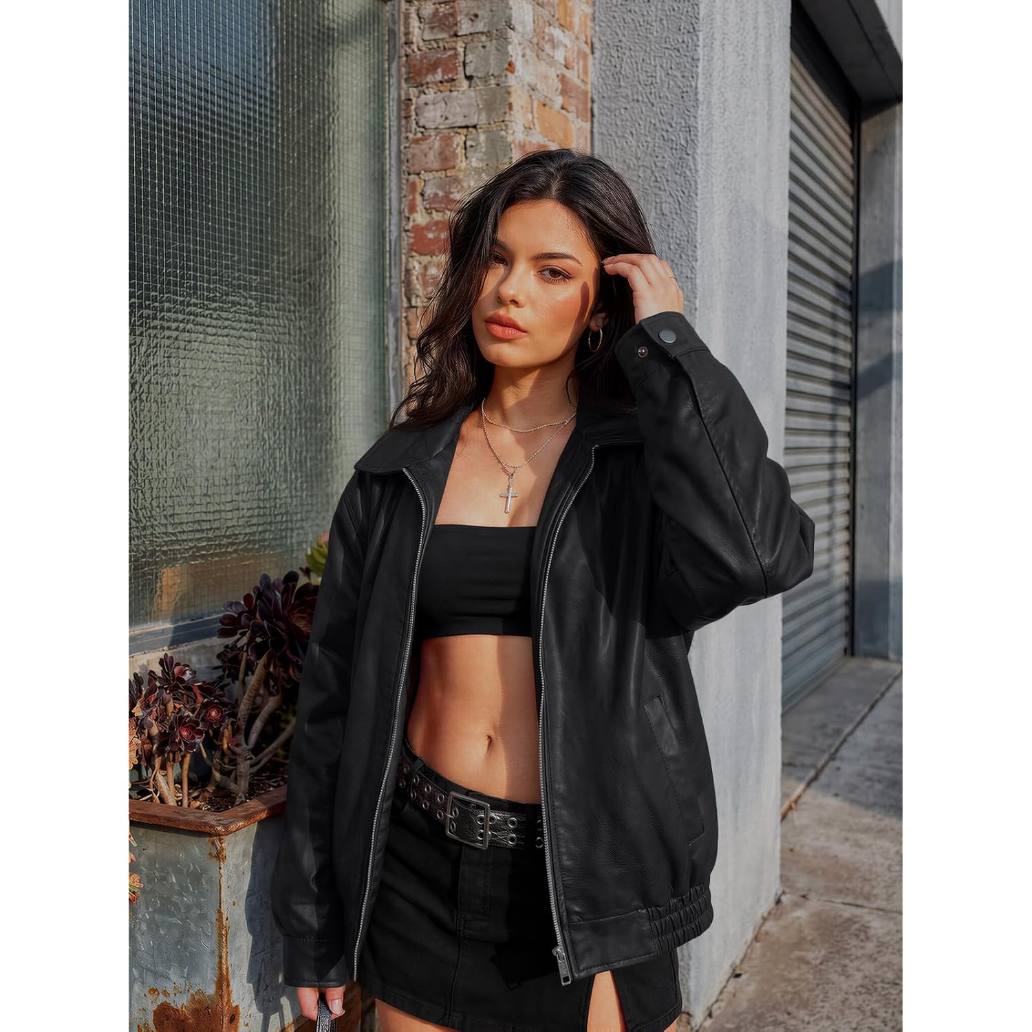 Automet Women'S Oversized Faux Leather Jacket Boyfriend Biker Moto Coat Lightweight Fall Bomber Outerwear