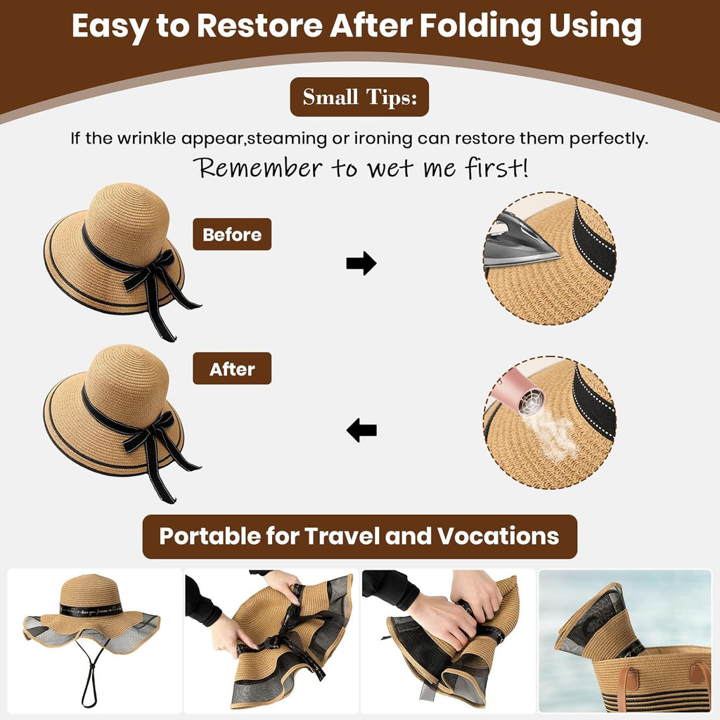 Beach Hats for Women, Wide Brim Sun Straw Hat for Women, Sun Hat UPF 50+ UV Protection
