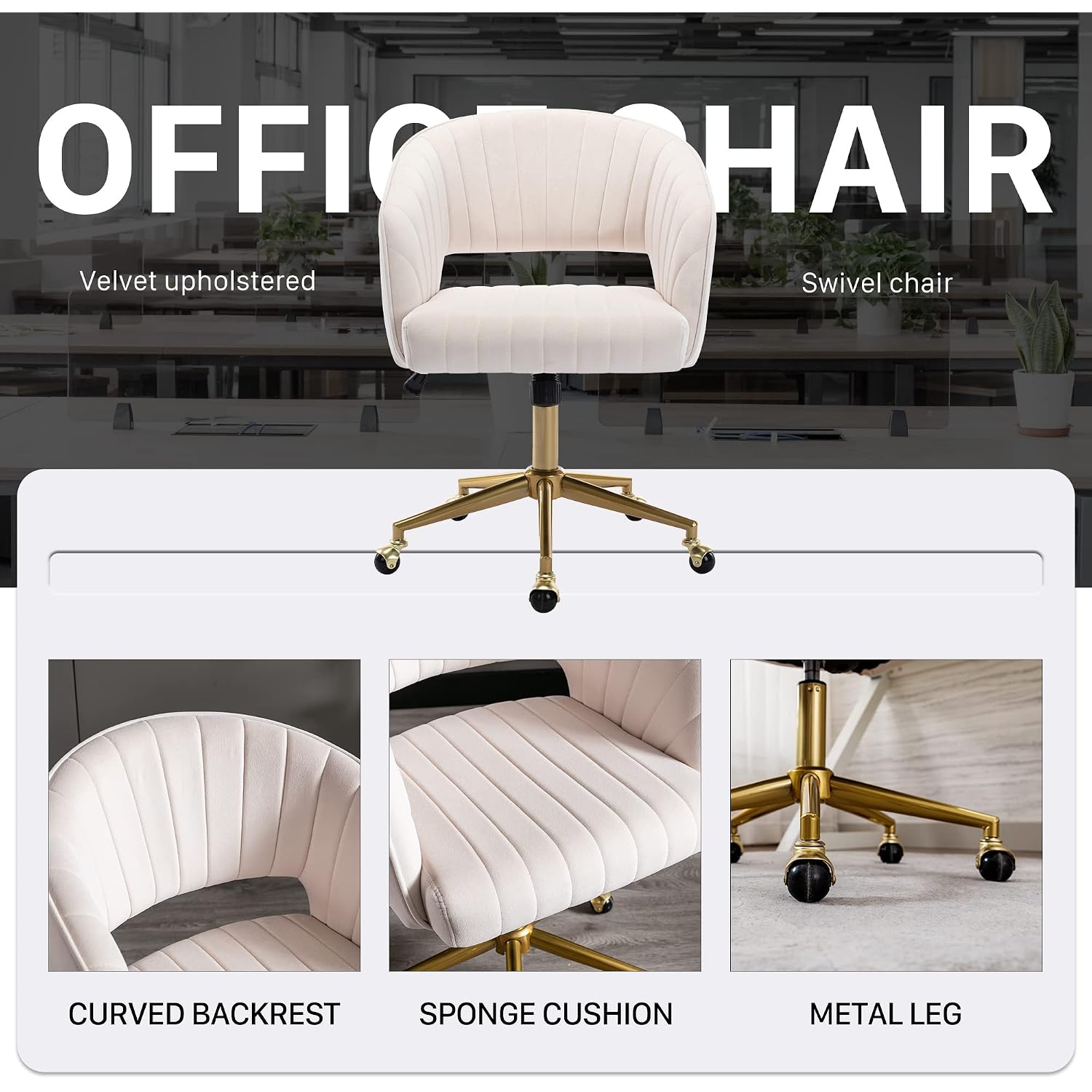 Home Office Chair Swivel Velvet Desk Chair Accent Armchair Upholstered Modern Tufted Chairs With Gold Base For Girls Women Ergonomic Study Seat Computer Task Stools For Living Room(Cream)