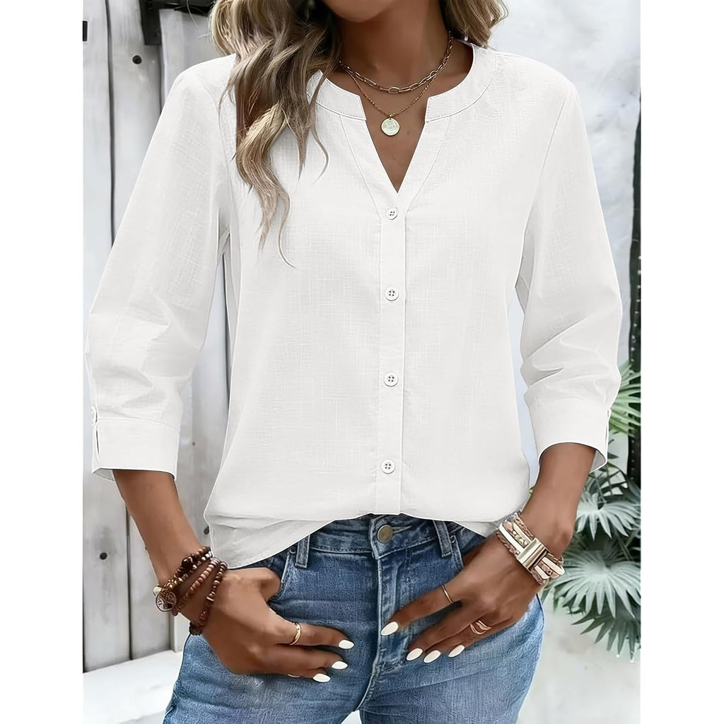 Zeagoo Button Down Shirts For Women 3/4 Sleeve Linen Cotton V Neck Tops Dressy Casual Loose Work Blouses