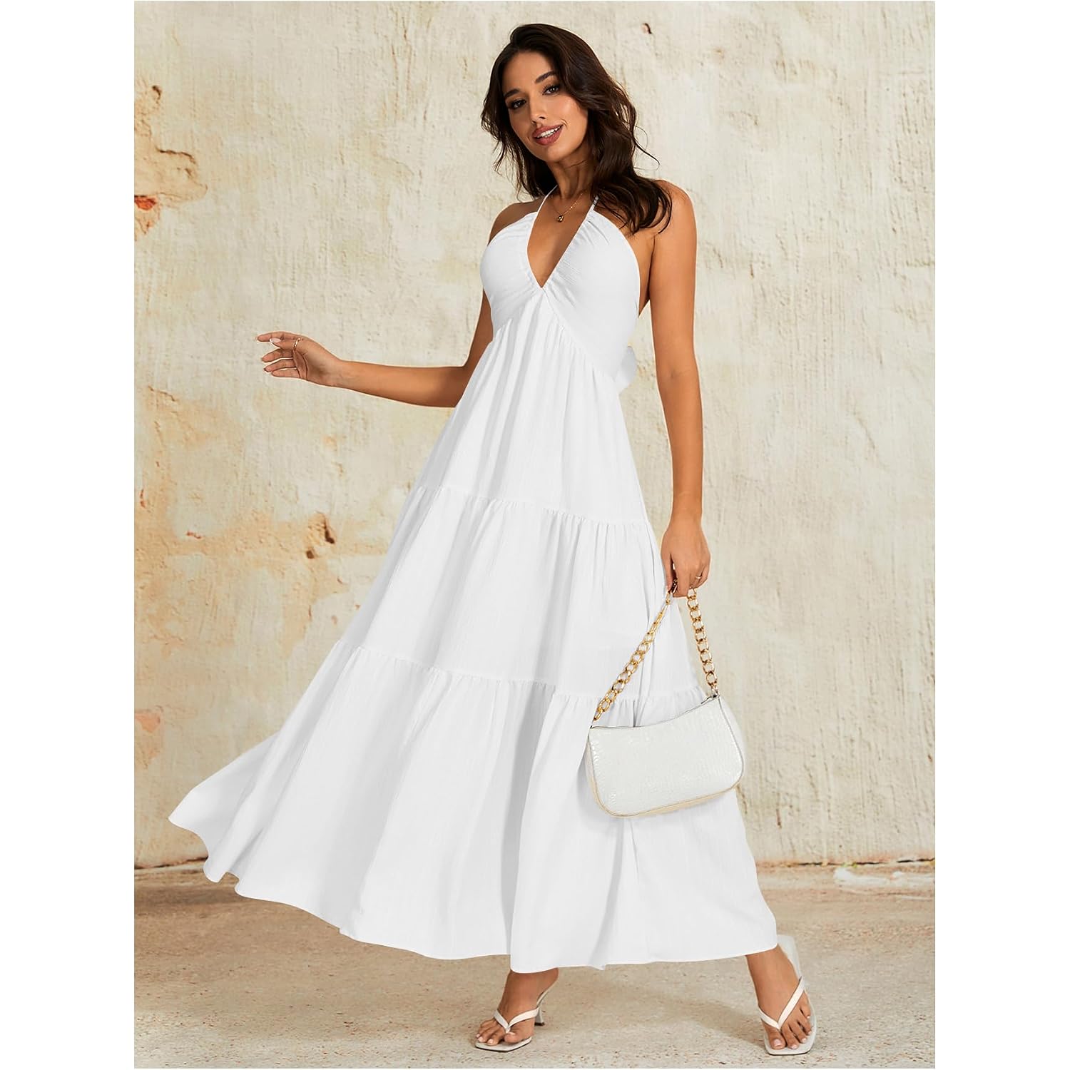 Oyoangle Women'S Summer Beach Halter Sundress Formal Wedding Guest Dress Backless Flowy Vacation Boho Maxi Dresses