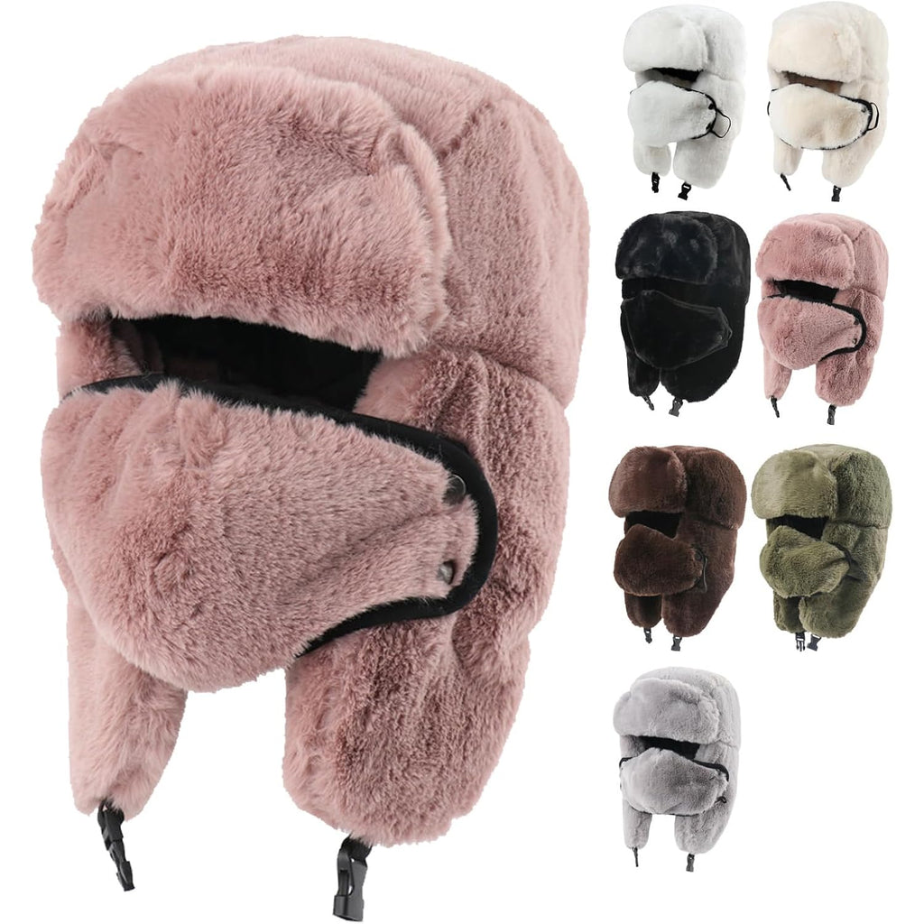 Winter Fur Hat with Removable Face Mask Fuzzy Russian Ushaka Furry Trapper Hat with Ear Flaps for Women Men Skiing Hiking