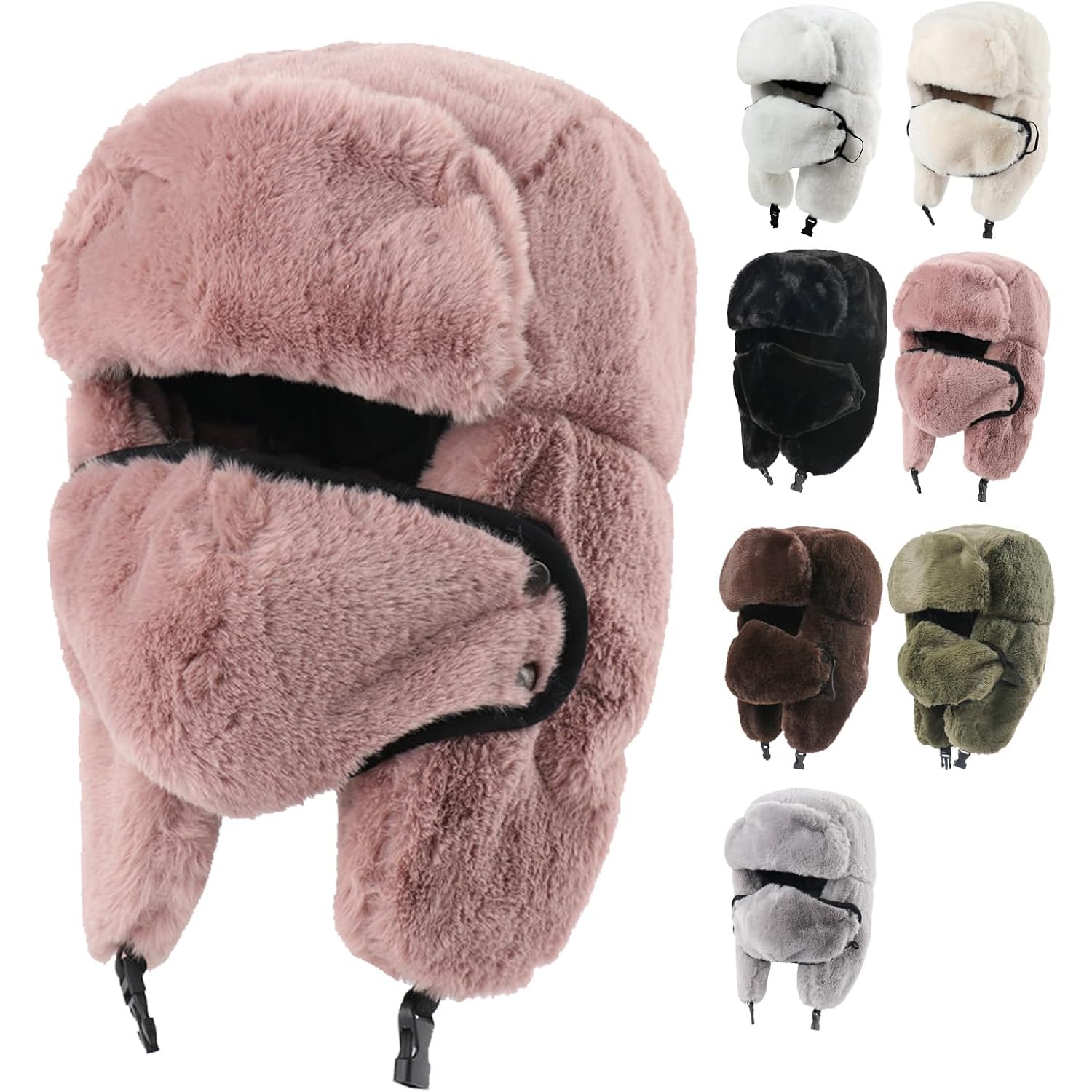 Winter Fur Hat with Removable Face Mask Fuzzy Russian Ushaka Furry Trapper Hat with Ear Flaps for Women Men Skiing Hiking