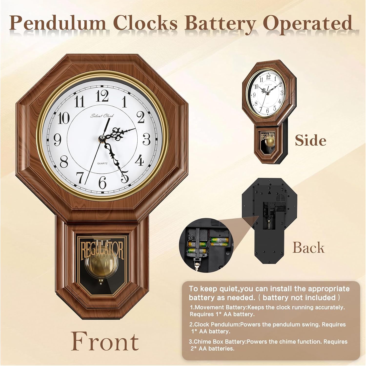 Pendulum Wall Clocks Battery Operated,Regulator Wall Clock With Pendulum,Vintage Decorative Grandfather Clock For Living Room,Bedroom,Kitchen,Office,Brown 11.8X17.7In
