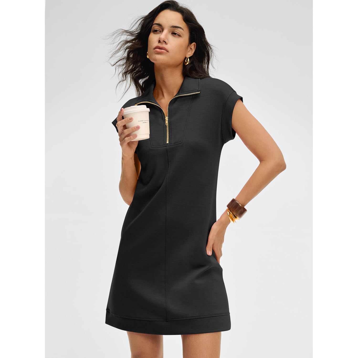 Anrabess Womens Summer Casual Half Zip Cap Sleeve Trendy Wrinkle-Free Tshirt Dress 2026 Spring Beach Vacation Short Dresses