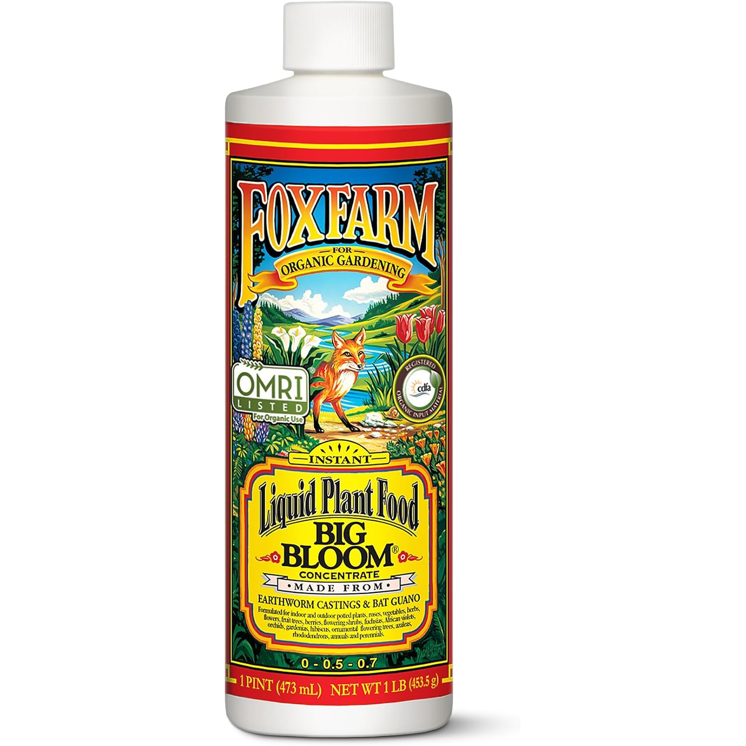 Fox Farm Big Bloom Liquid Plant Food - Organic Bloom Fertilizer For Flowering & Fruiting Plants, Contains Earthworm Castings & Bat Guano - Supports All Stages Of Plant Growth - 0-0.5-0.7 Npk, 1 Pint