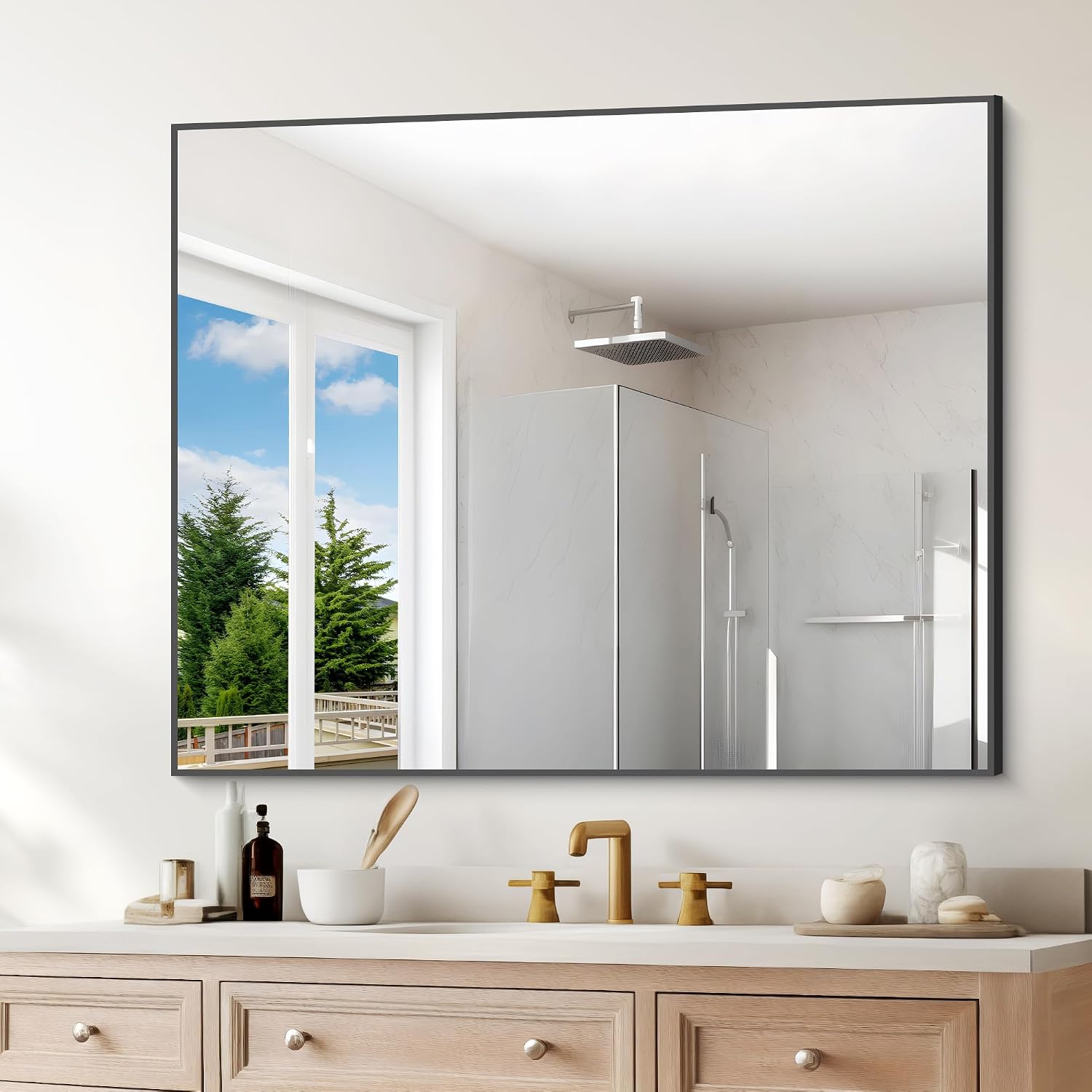 Black Bathroom Mirror For Wall, 30X36 Inch Rectangle Mirrors With Metal Frame, Modern Vanity Wall Mirror Decor For Entryway Hangs, Bathroom Living Room Horizontal Or Vertical
