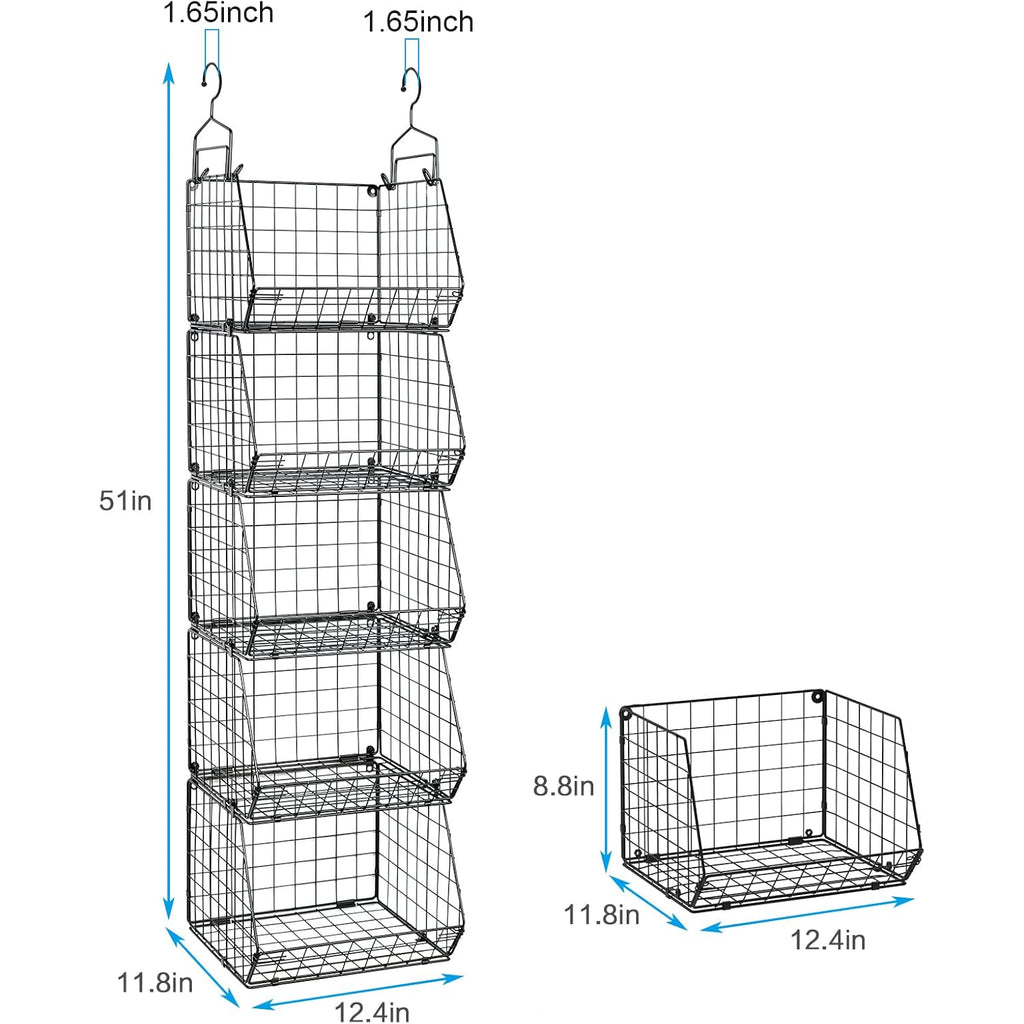 X-Cosrack 5 Tier Closet Hanging Organizer, Clothes Hanging Shelves With 4 Hanging Hooks 5 S Hooks, Wire Storage Basket Bins, For Clothing Sweaters Shoes Handbags Clutches Accessories Patent Design
