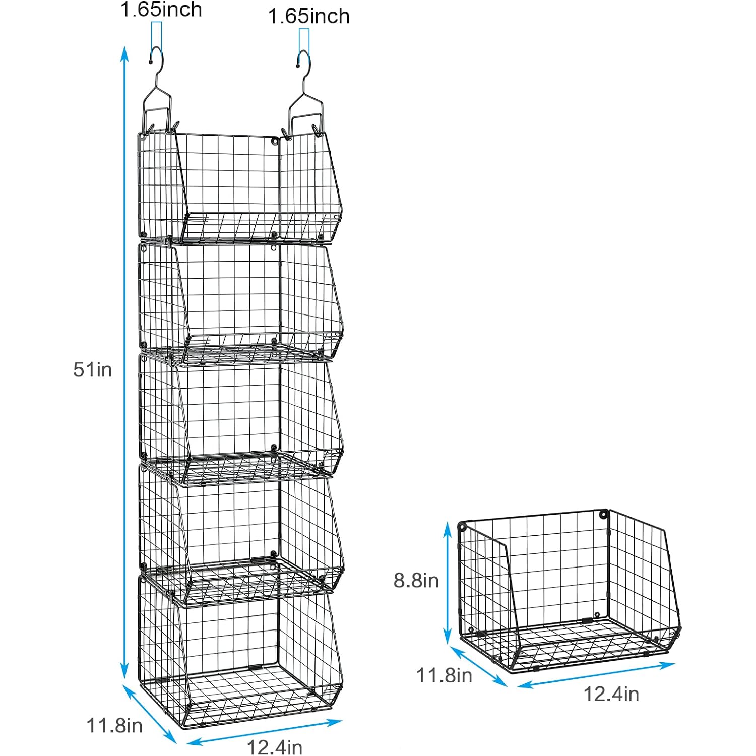 X-Cosrack 5 Tier Closet Hanging Organizer, Clothes Hanging Shelves With 4 Hanging Hooks 5 S Hooks, Wire Storage Basket Bins, For Clothing Sweaters Shoes Handbags Clutches Accessories Patent Design