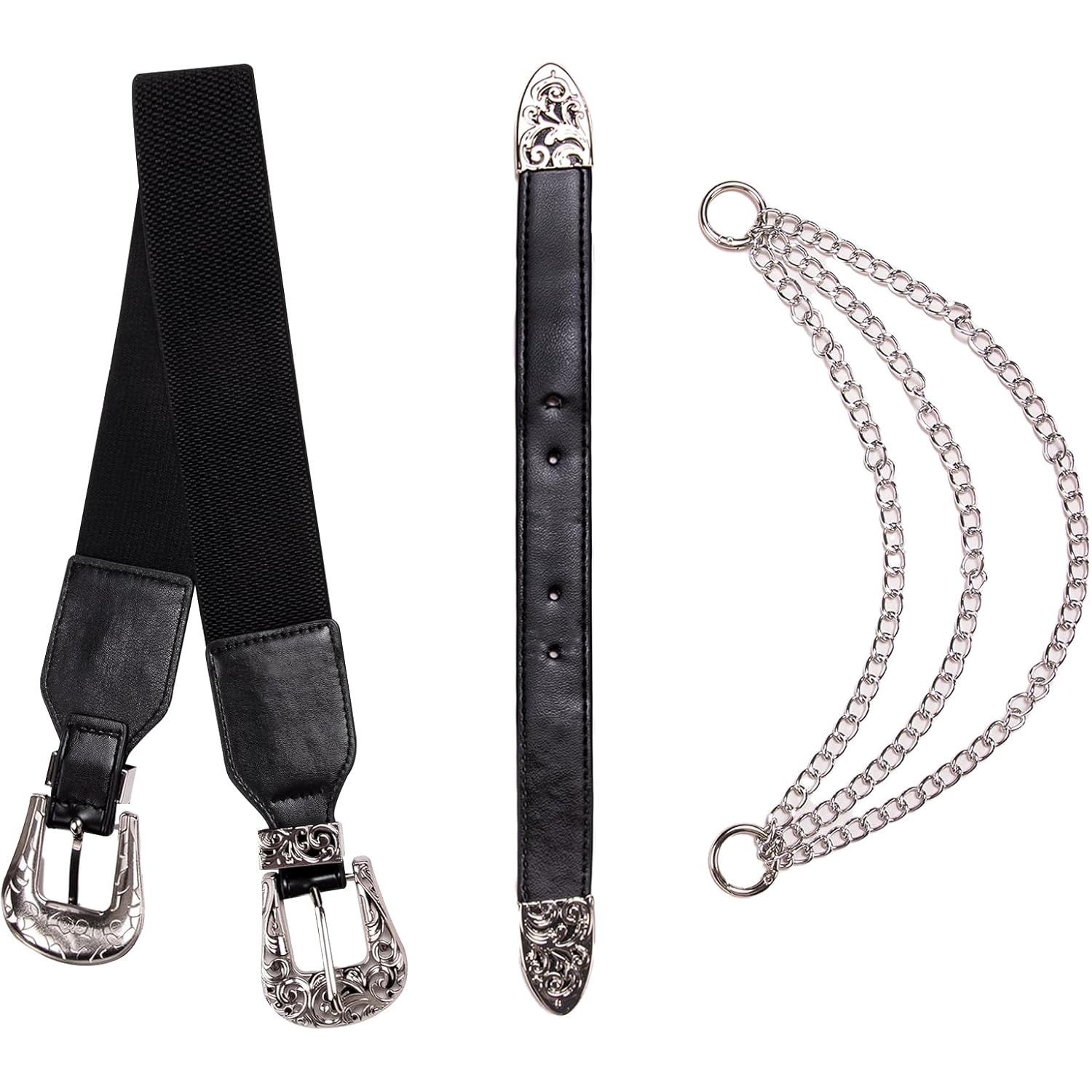 Dubulle Womens Belt Chain Leather Belts Vintage Western Adjustable Elastic Double Buckle for Cowboy Pant Dress