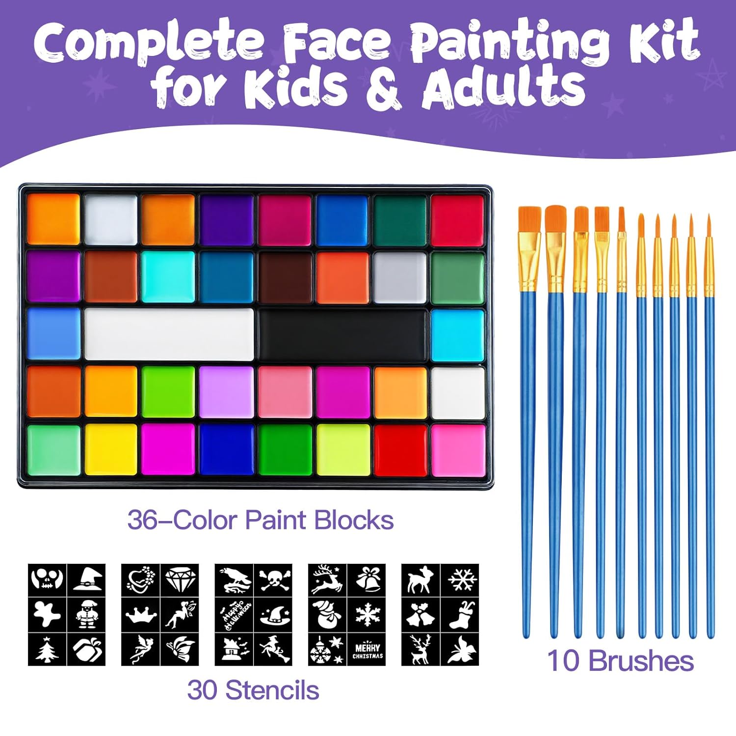 Face Painting Kit for Kids, 36 Colors Water Activated Face Paint with Brushes & Stencils, Non-Toxic Halloween Makeup Kit, Professional Face Body Paint for Halloween, Parties, Carnival, School Events