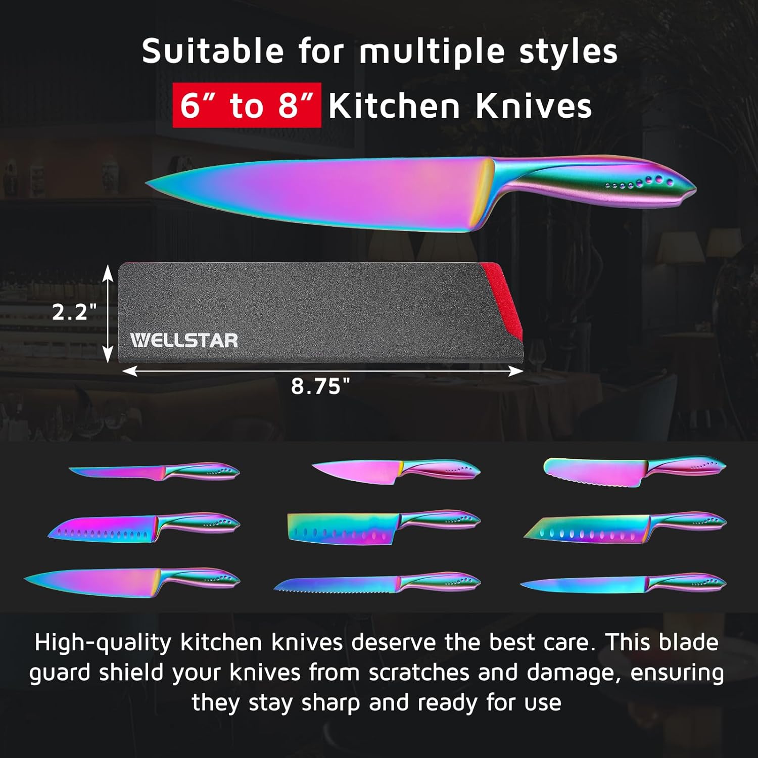 WELLSTAR Knife Edge Guards 8 Inch, Universal Blade Covers, BPA Free ABS Protective Blade Sheaths, Non-Scratch Felt Lining Kitchen Knives Covers (Knives not included)
