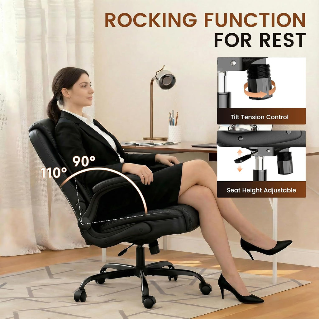 Gtplayer Leather Office Chair, Home Desk Chair With Flip-Up Arms And Ergonomic Back - Comfy Heavy Duty Executive Chair For Home Office Gaming, Black