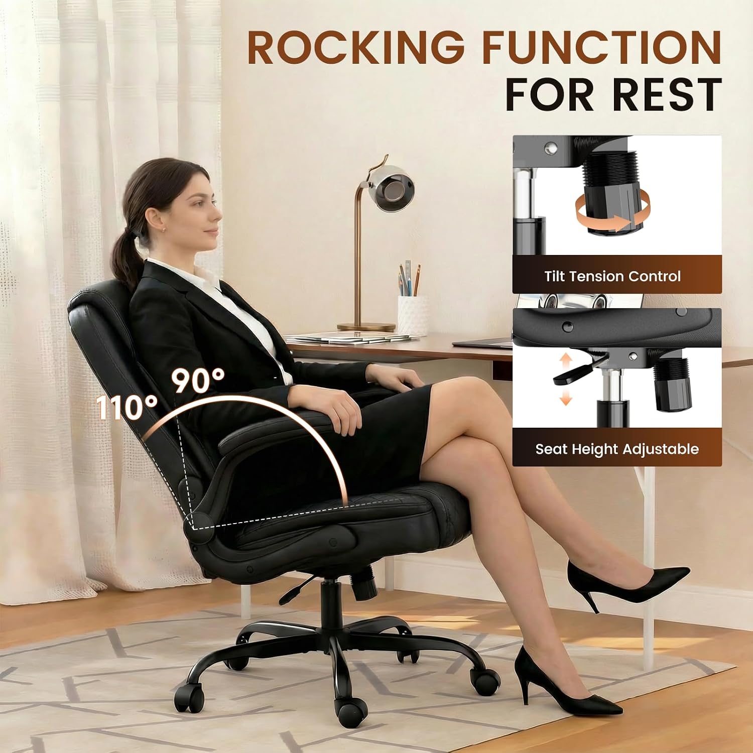 Gtplayer Leather Office Chair, Home Desk Chair With Flip-Up Arms And Ergonomic Back - Comfy Heavy Duty Executive Chair For Home Office Gaming, Black