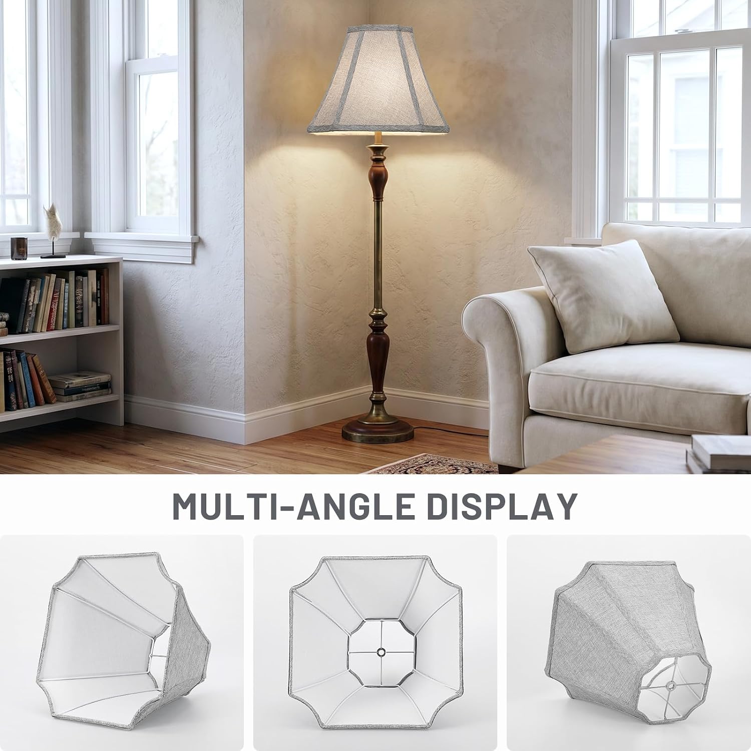 Square Cut Corner Bell Lamp Shades Set Of 2, 6.5" X 13"X 10.5", Gray | Medium Replacement Lampshades, Natural Linen Handcrafted, Include 2 Lamp Harps, Fits E26 & Saddle Base, Easy Assembly