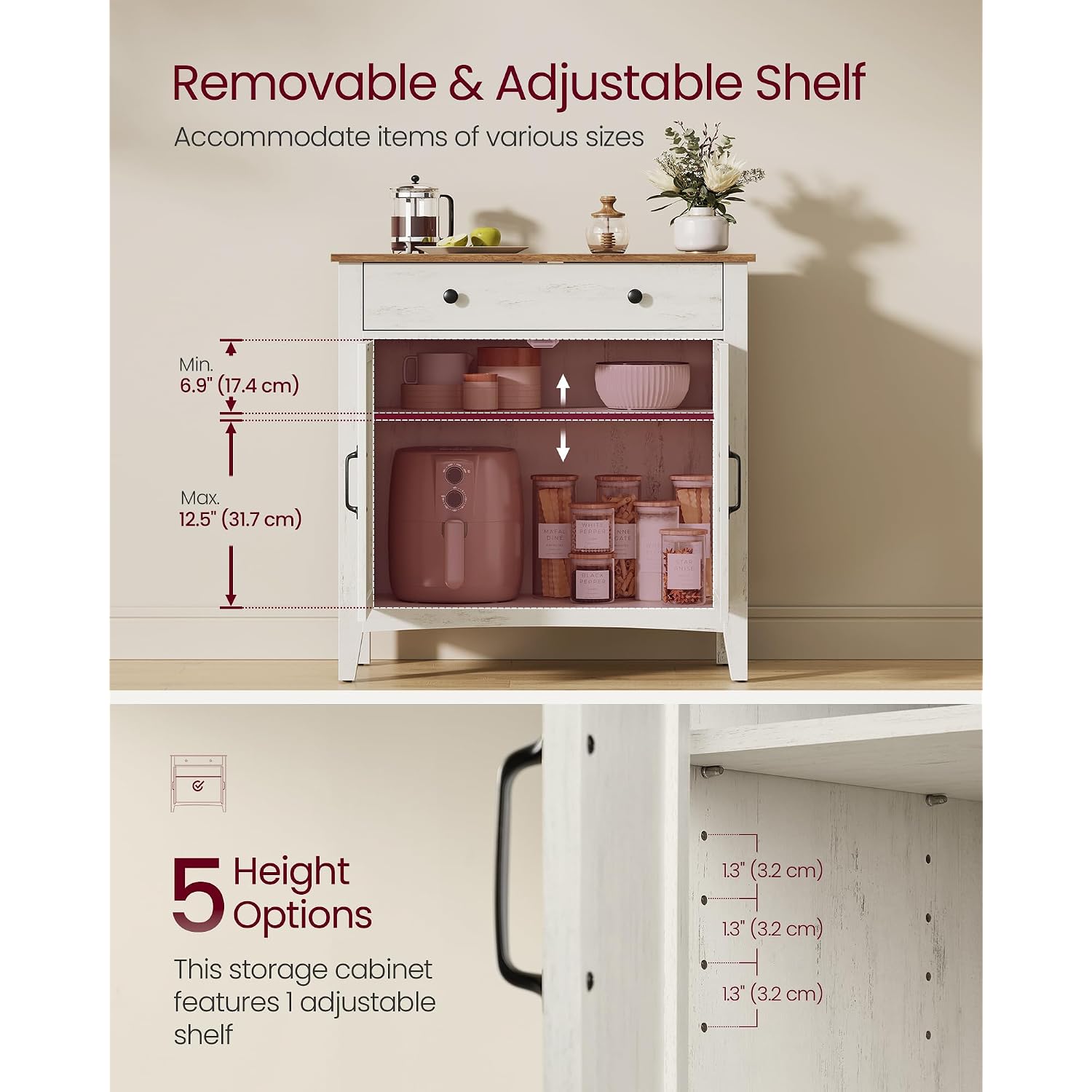 Vasagle Liry Collection - Buffet Cabinet, Coffee Bar Cabinet With A Drawer, Adjustable Shelf, Sideboard Storage With Cable Hole, Drawer Divider, Rustic White And Honey Brown Ubbk341W01V1S