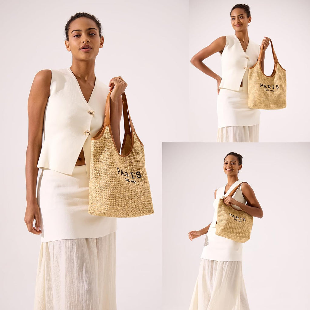 Straw Tote Bags For Women, Summer Straw Purses And Handbags Shoulder Woven Raffia Beach Bag With Coin Purse