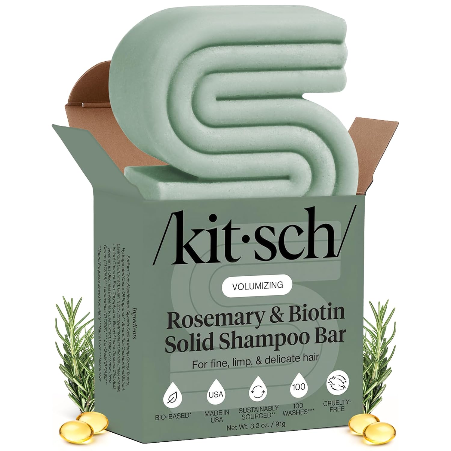 Kitsch Rosemary & Biotin Shampoo Bar - For Hair Growth, Strengthening, Thickening & Volumizing Shampoo for Women and Men - Free of Parabens, Sulfates & Silicones - Made in USA, 3.2 oz