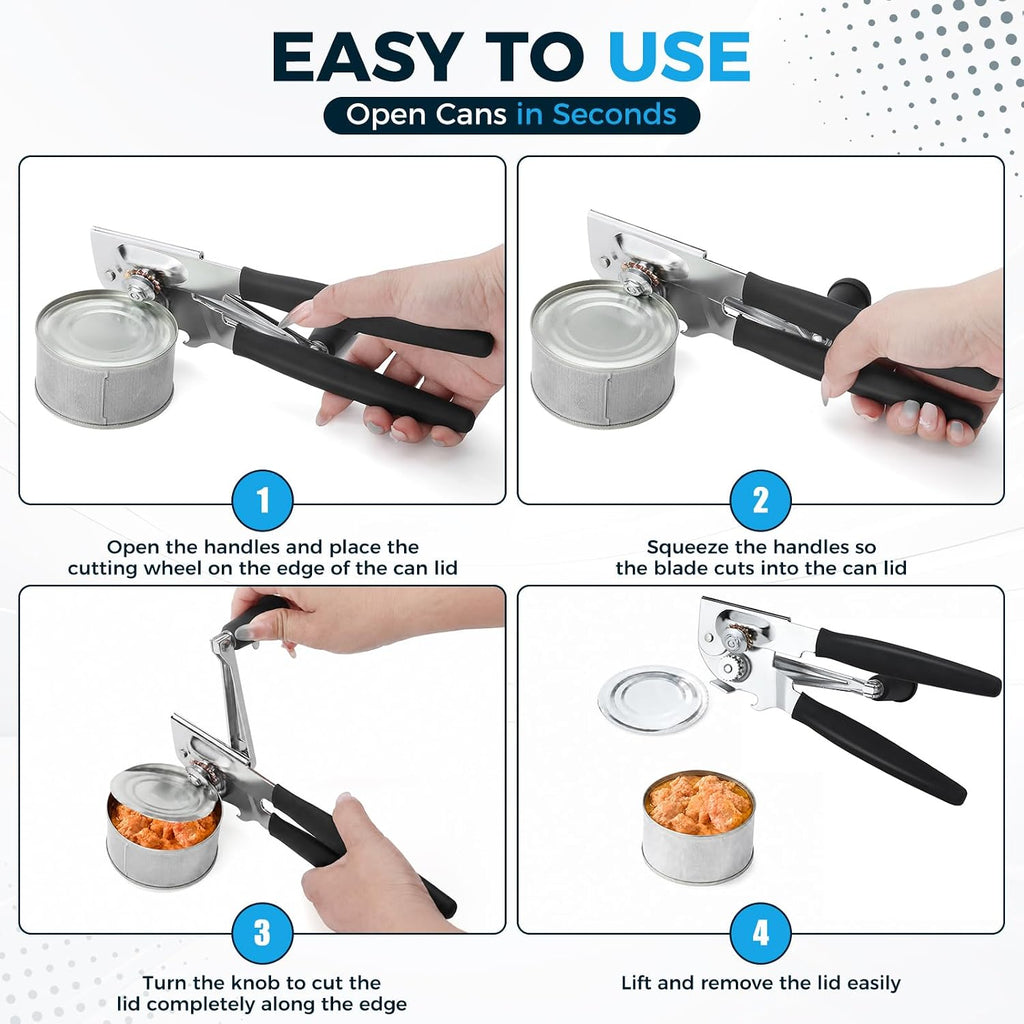 Heavy-Duty Commercial Manual Crank Can Openers,Rubber-Coated Long Handles | Easy To Use, Ergonomic,Works Great On #10 Cans,For Restaurants,Home Kitchens,Seniors & Arthritis