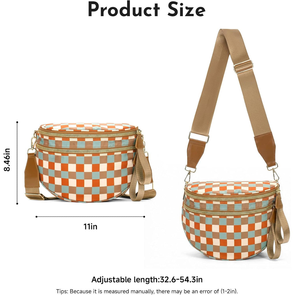 Checkered Crossbody Bag Nylon Bum Bags For Women Spacious Handbags Checkered Purse Fanny Packs With Shoulder Strap