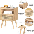 Lerliuo Rattan Nightstand, Boho Side Table With Drawer Open Shelf, Cane Accent Bedside End Table With Solid Wood Legs For Bedroom, Dorm And Small Spaces (Natural)