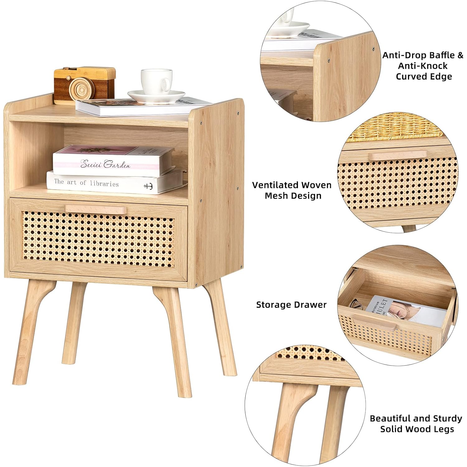 Lerliuo Rattan Nightstand, Boho Side Table With Drawer Open Shelf, Cane Accent Bedside End Table With Solid Wood Legs For Bedroom, Dorm And Small Spaces (Natural)