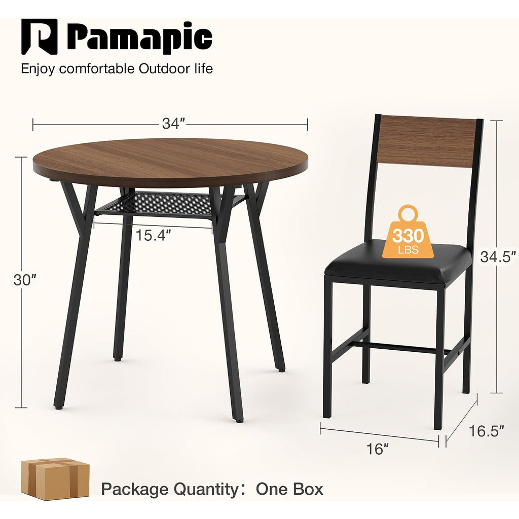 Pamapic Round Dining Table Set For 4, Kitchen Table And Chairs For 4, Dining Room Circle Dinner Pedestal Table, Solid Metal Frame,Space Saving Wood Small Kitchen & Dining Room Furniture,Walnut