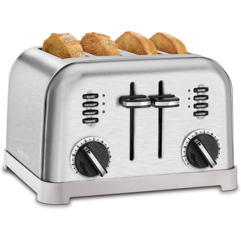 Cuisinart 4 Slice Compact Stainless Steel Toaster with Extra-Wide Slots for Bread, French Toast, Bagels & Pastries, Defrost & Reheat Functions, CPT-180P1, Brushed Stainless, Removable Crumb Tray