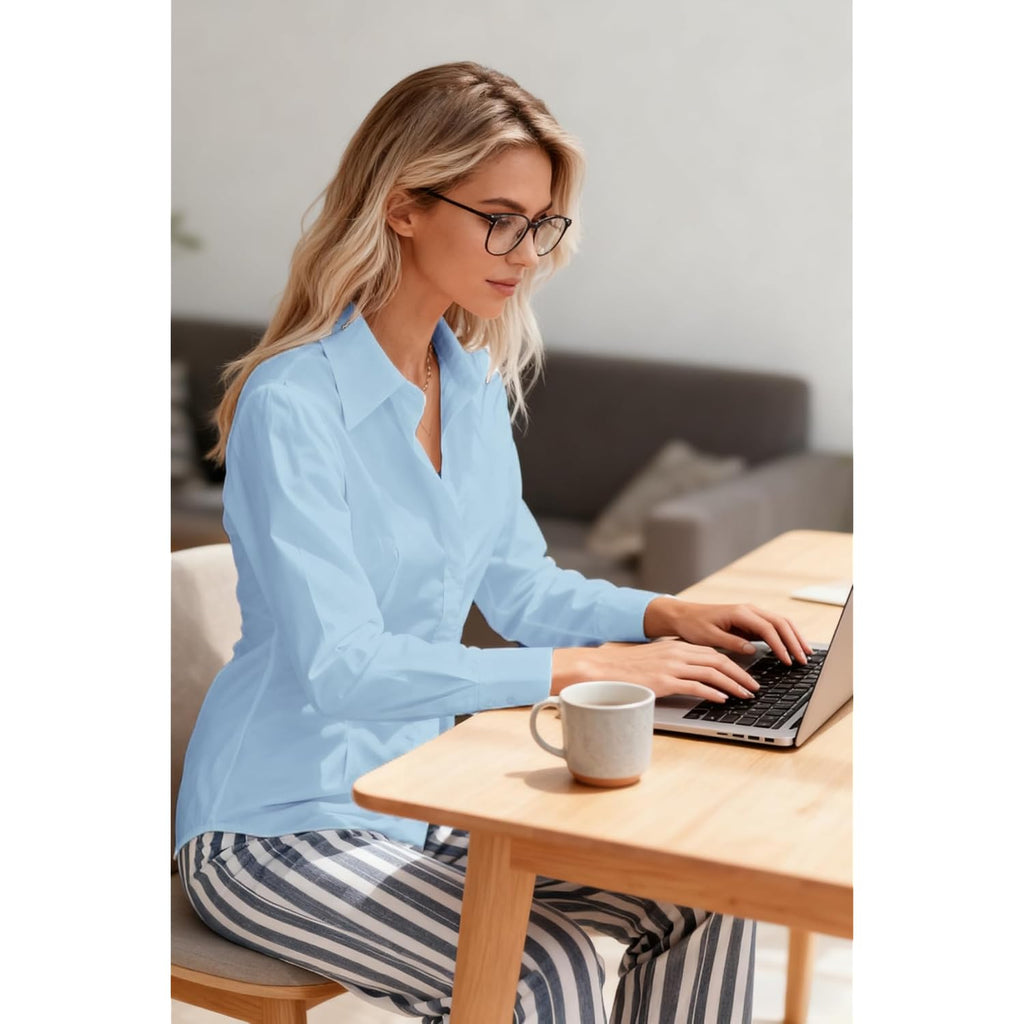 Women's Button Down Long Sleeve Fitted Stretch Dress Shirts Wrinkle Free Work Blouses Collared Business Casual Tops