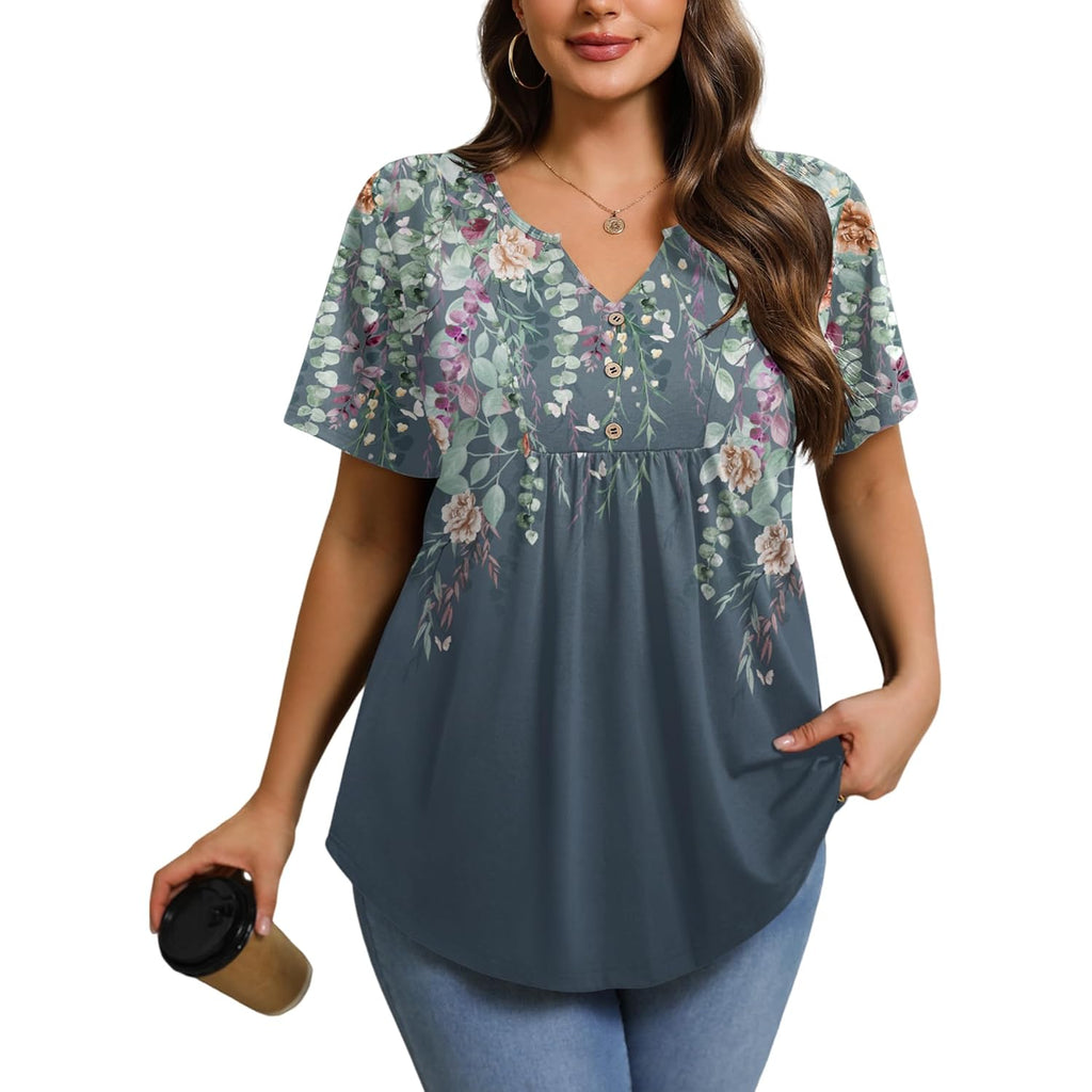 IN'VOLAND Womens Plus Size Tunic Top Summer Short Sleeve T-Shirt V-neck Button Up Dressy Blouse Casual Pleated Pullover 1X-5X