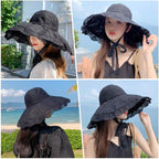 Women Sun Hat Wide Brim Lace Sunscreen Hat with Ribbon Folding Beach Cap Summer Sun Hat Elegant Vintage Dress Hats Black