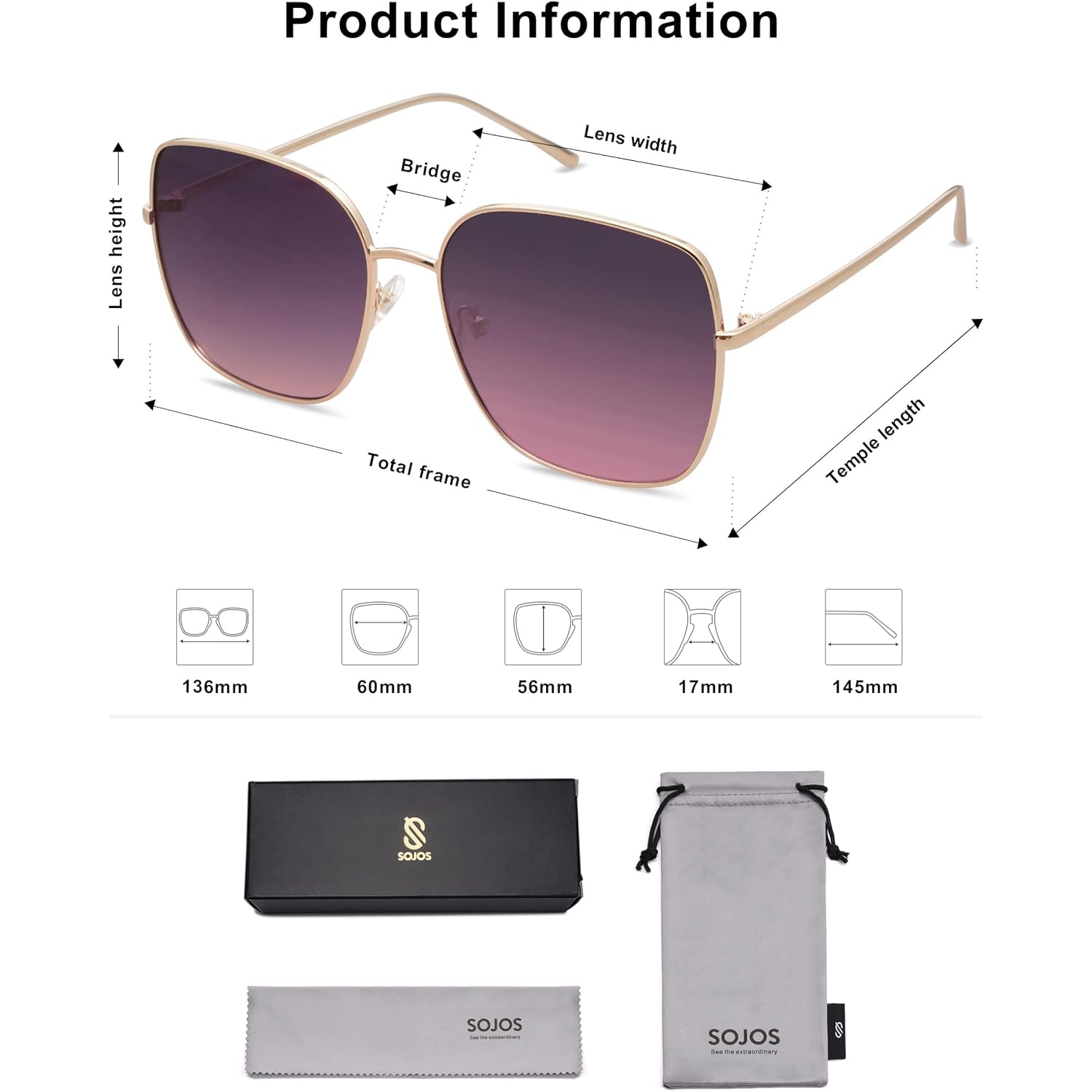 SOJOS Trendy Oversized Square Metal Frame Sunglasses for Women Men Retro Big Flat Lens UV Protection Sunglasses SJ1146 Gold/Gradient Greyish-purple